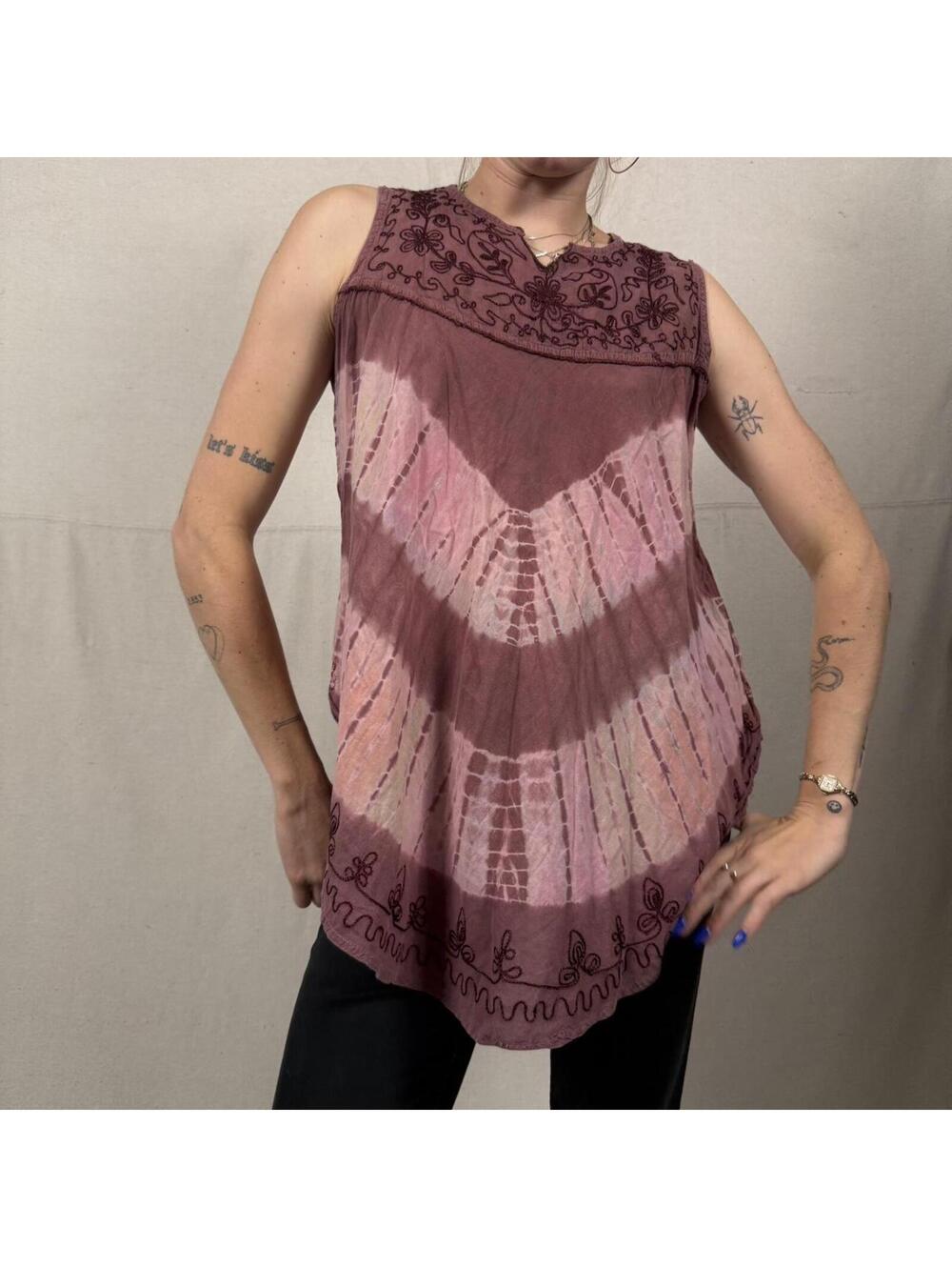 Boho Tie-Dye Embroidered Tunic Tank – One Size